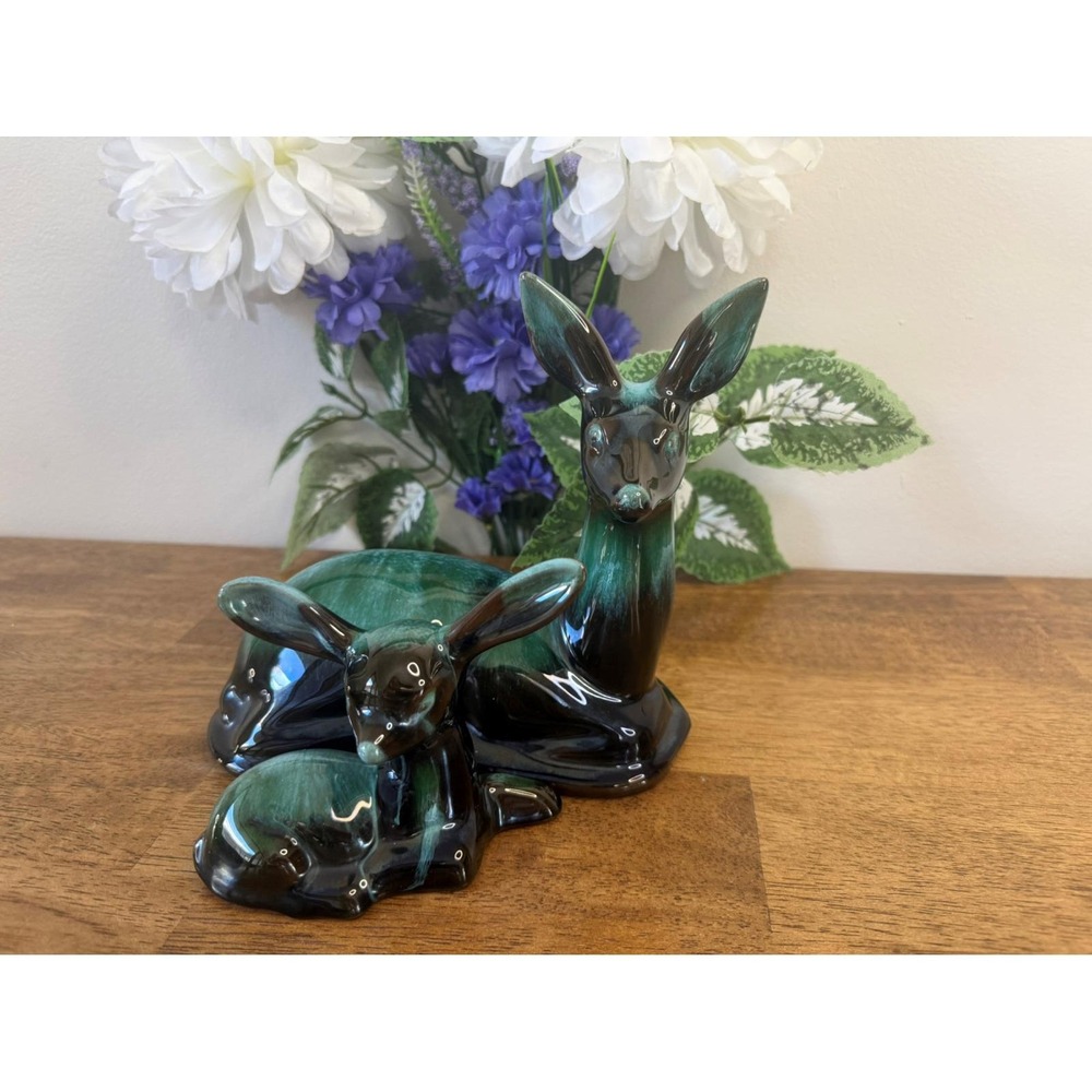 Vintage Blue Mountain Pottery Deer Mom Fawn Pair Green Drip Glaze Canada Figures - Picture 3 of 10